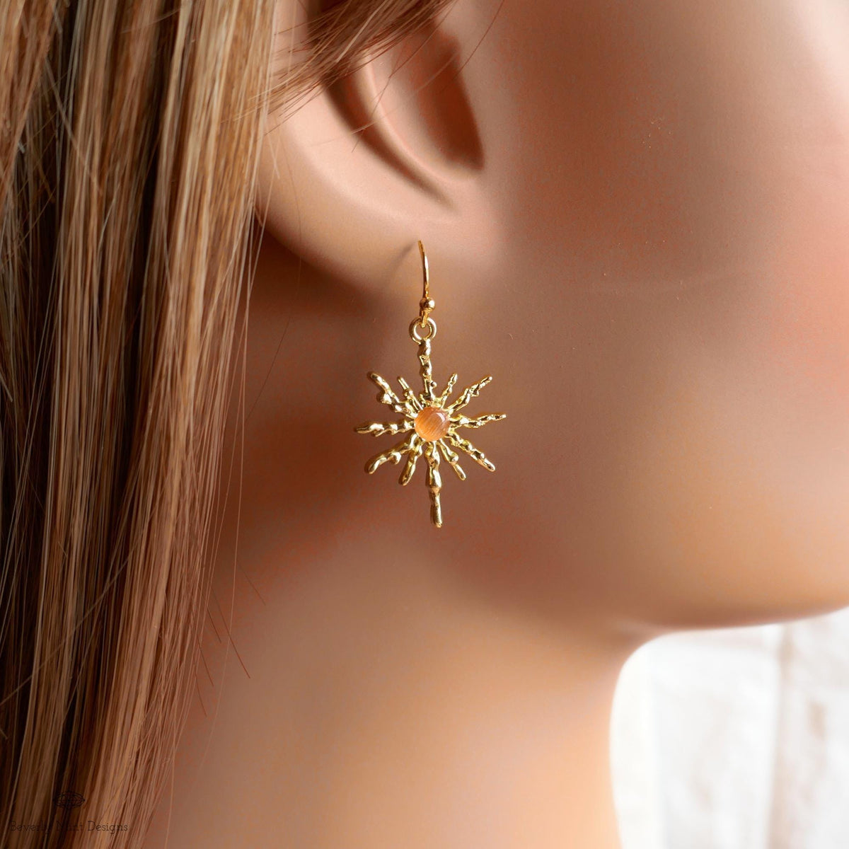 Sun Earrings, Gold Sunburst Earrings with Orange Stone, Celestial Boho Jewelry, Dangle Earrings for Women, Sensitive Ear & Clip-On Options