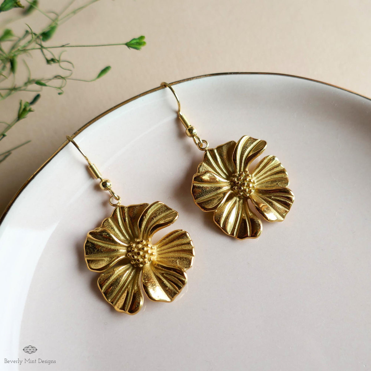Gold Flower Statement Earrings, Elegant Weighty Floral Earrings, Bold Dangle Earrings with Heft, Sensitive Ear & Clip-On Options