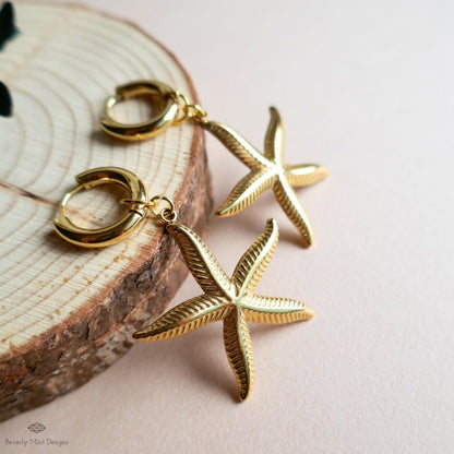 Gold Starfish Earrings with Huggie Hoop, Beach Inspired Dangle Earrings Light Weight, Tropical Ocean Jewelry