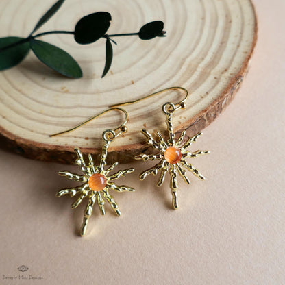 Sun Earrings, Gold Sunburst Earrings with Orange Stone, Celestial Boho Jewelry, Dangle Earrings for Women, Sensitive Ear & Clip-On Options