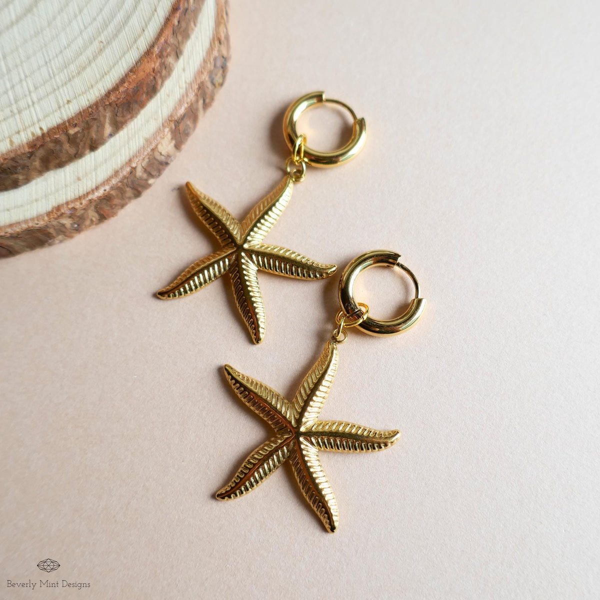 Gold Starfish Earrings with Huggie Hoop, Beach Inspired Dangle Earrings Light Weight, Tropical Ocean Jewelry