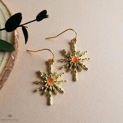 Sun Earrings, Gold Sunburst Earrings with Orange Stone, Celestial Boho Jewelry, Dangle Earrings for Women, Sensitive Ear & Clip-On Options