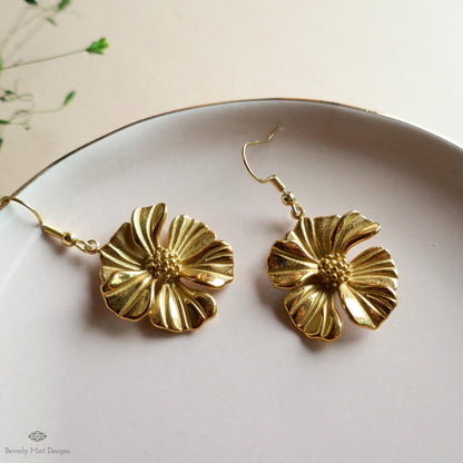 Gold Flower Statement Earrings, Elegant Weighty Floral Earrings, Bold Dangle Earrings with Heft, Sensitive Ear & Clip-On Options