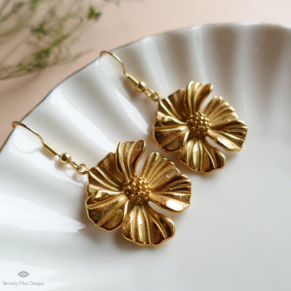 Gold Flower Statement Earrings, Elegant Weighty Floral Earrings, Bold Dangle Earrings with Heft, Sensitive Ear & Clip-On Options