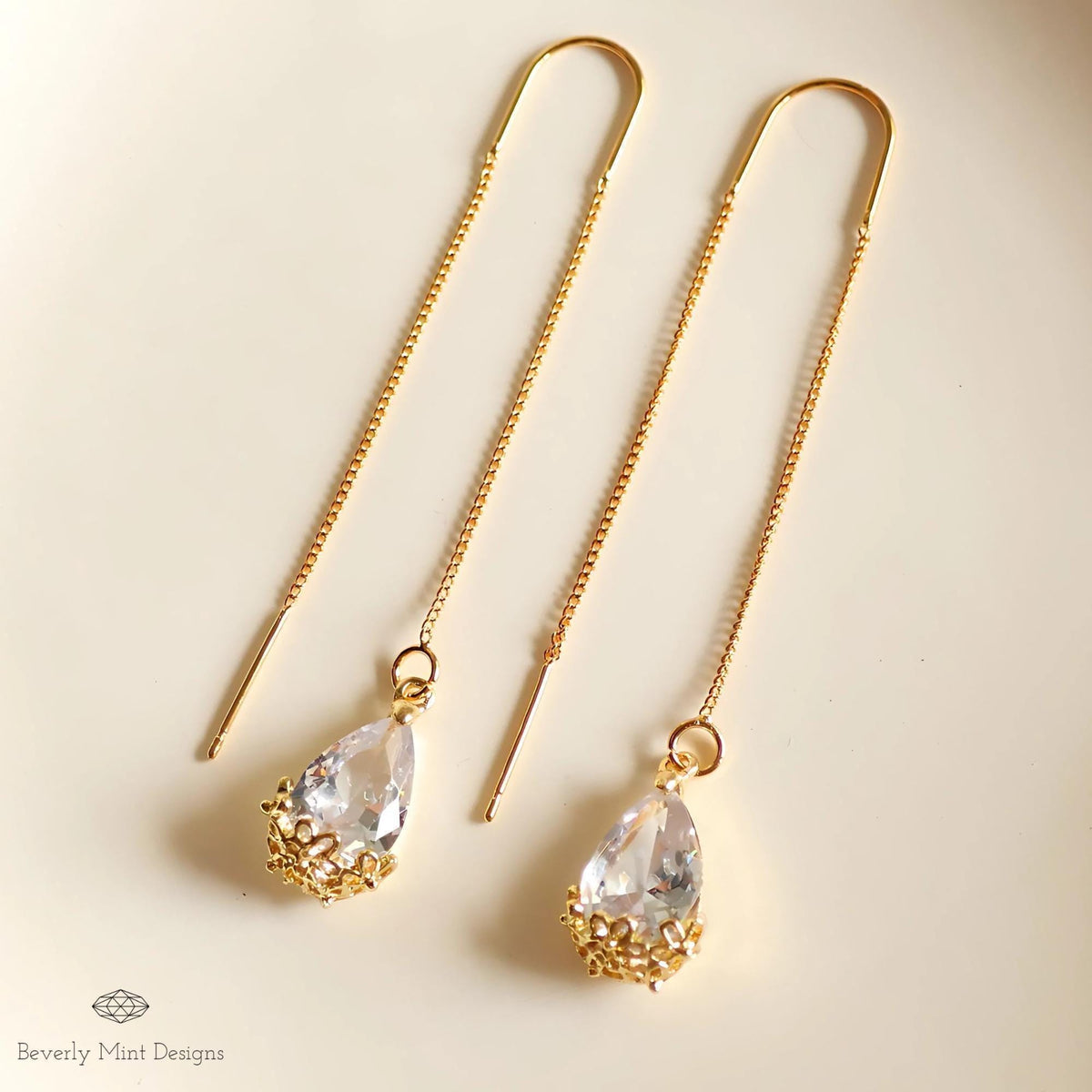18K Gold Plated Teardrop Crystal Threader Earrings, Minimalist Floral Wedding Jewelry, Sensitive Ear & Clip-On Options