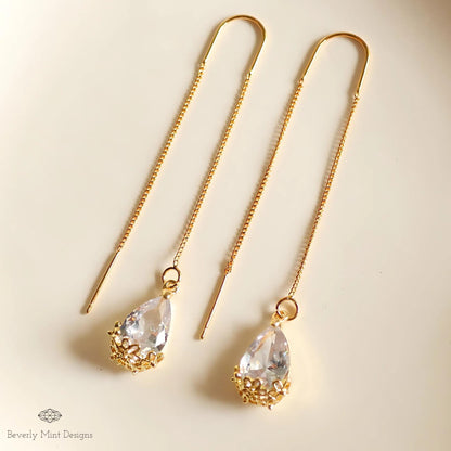 18K Gold Plated Teardrop Crystal Threader Earrings, Minimalist Floral Wedding Jewelry, Sensitive Ear & Clip-On Options