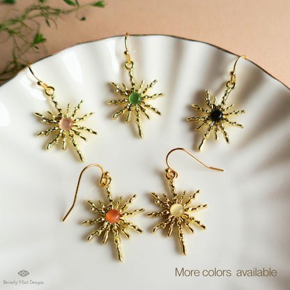 Sun Earrings, Gold Sunburst Earrings with Orange Stone, Celestial Boho Jewelry, Dangle Earrings for Women, Sensitive Ear & Clip-On Options