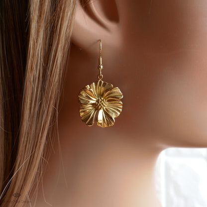 Gold Flower Statement Earrings, Elegant Weighty Floral Earrings, Bold Dangle Earrings with Heft, Sensitive Ear & Clip-On Options