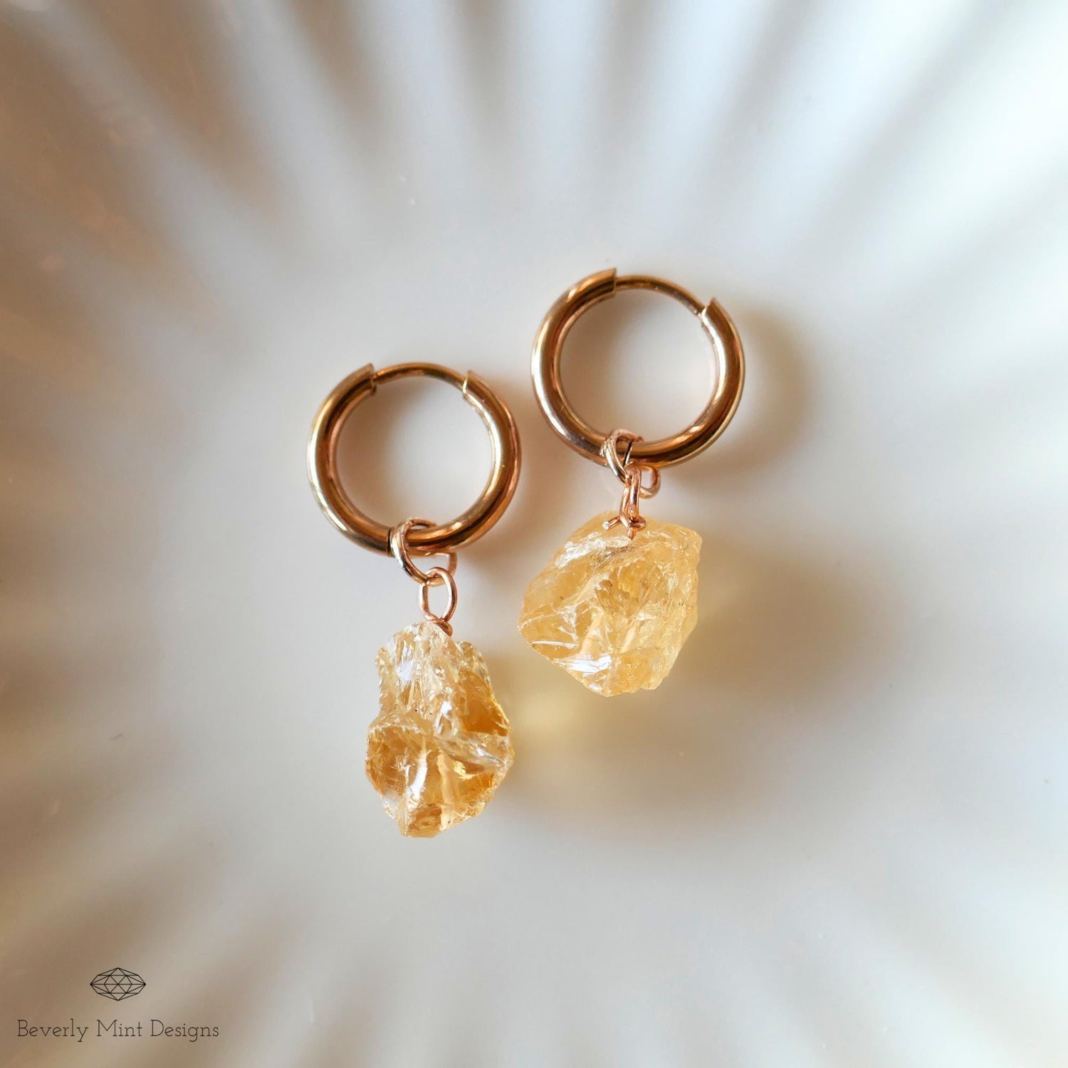 Citrine Earrings, Rose Gold Huggie Hoop Earrings with November Birthstone, Natural Stone Earrings , Chakra Stone