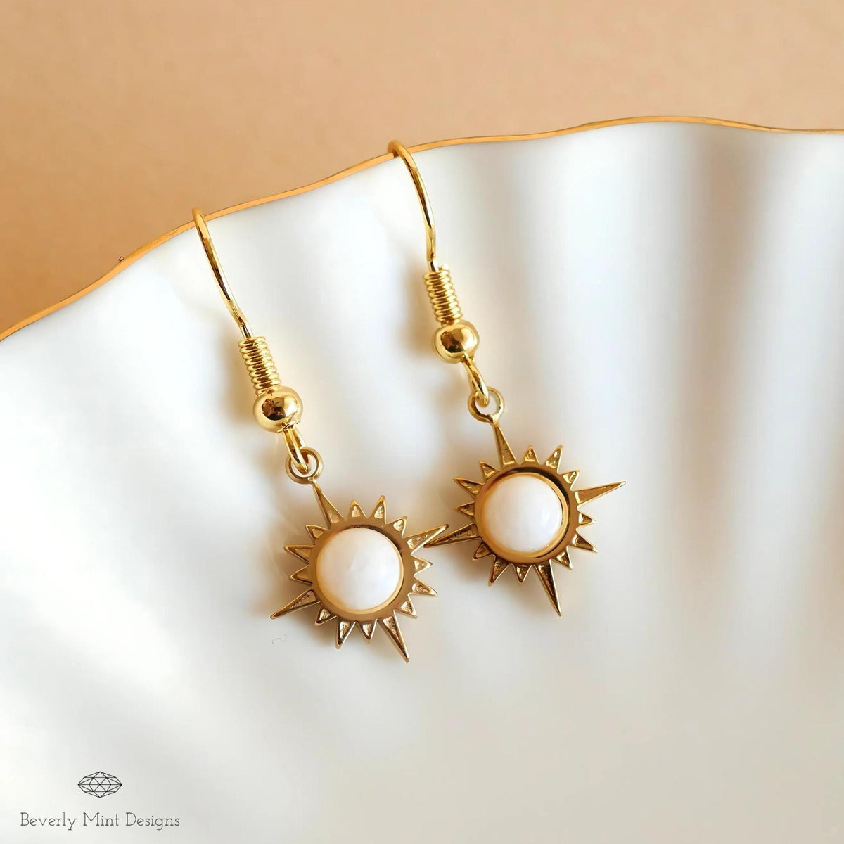 Sun Earrings ,Boho Sun Earrings 18K Gold Plated Small Earrings, White Earrings , Boho Style Earrings, Sensitive Ear & Clip-On Options