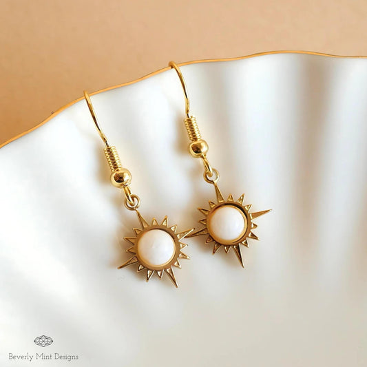 Sun Earrings ,Boho Sun Earrings 18K Gold Plated Small Earrings, White Earrings , Boho Style Earrings, Sensitive Ear & Clip-On Options