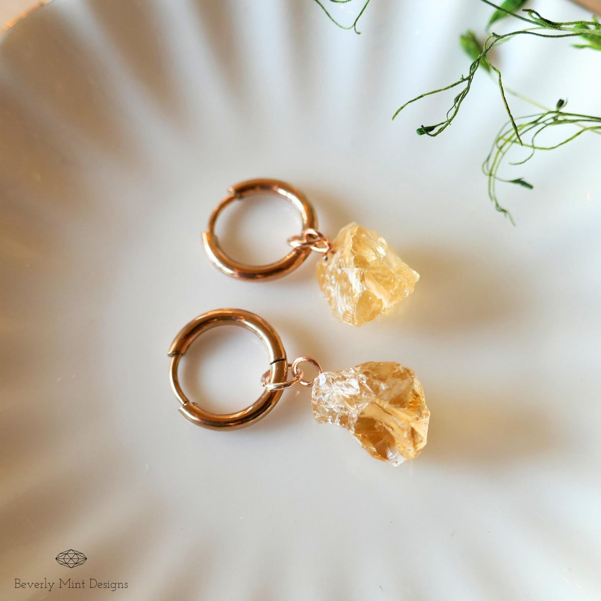 Citrine Earrings, Rose Gold Huggie Hoop Earrings with November Birthstone, Natural Stone Earrings , Chakra Stone