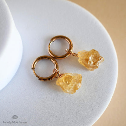 Citrine Earrings, Rose Gold Huggie Hoop Earrings with November Birthstone, Natural Stone Earrings , Chakra Stone
