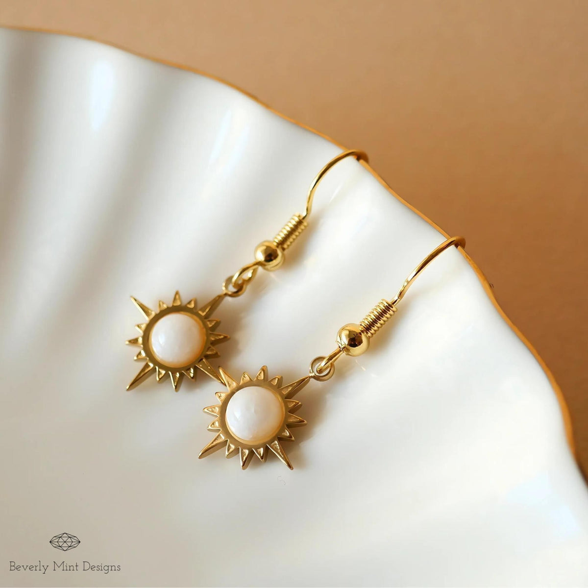 Sun Earrings ,Boho Sun Earrings 18K Gold Plated Small Earrings, White Earrings , Boho Style Earrings, Sensitive Ear & Clip-On Options