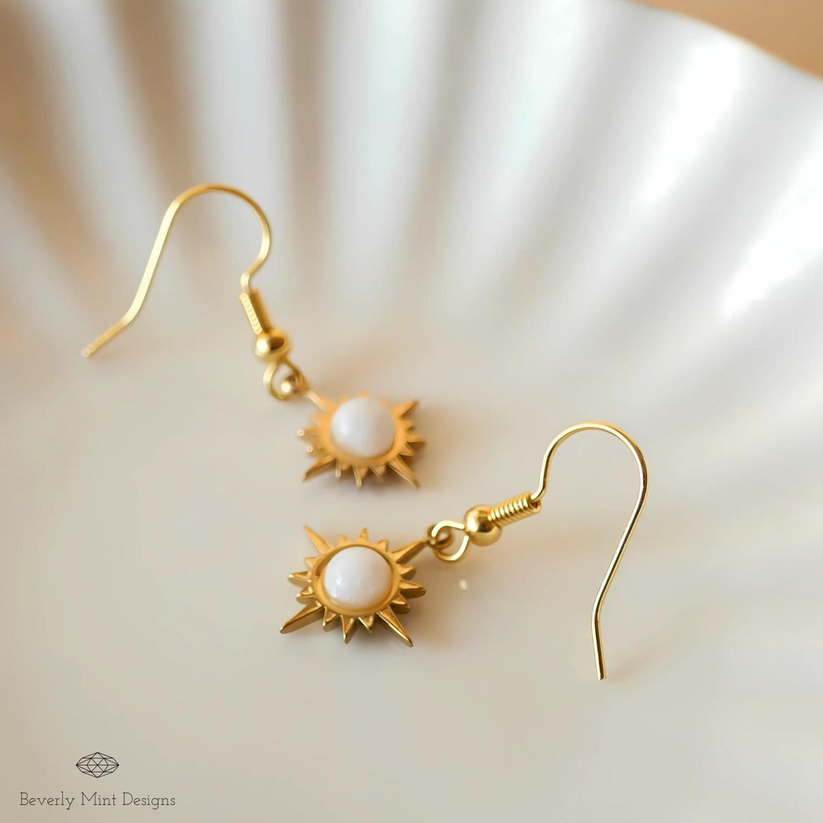 Sun Earrings ,Boho Sun Earrings 18K Gold Plated Small Earrings, White Earrings , Boho Style Earrings, Sensitive Ear & Clip-On Options