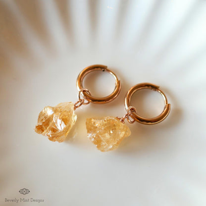 Citrine Earrings, Rose Gold Huggie Hoop Earrings with November Birthstone, Natural Stone Earrings , Chakra Stone