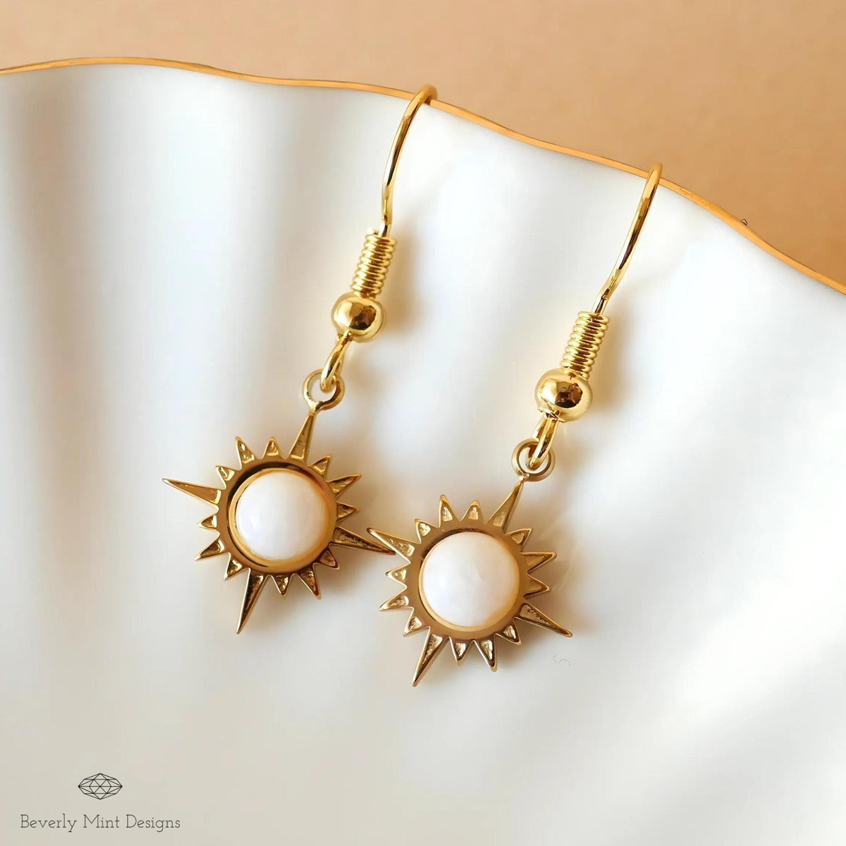 Sun Earrings ,Boho Sun Earrings 18K Gold Plated Small Earrings, White Earrings , Boho Style Earrings, Sensitive Ear & Clip-On Options