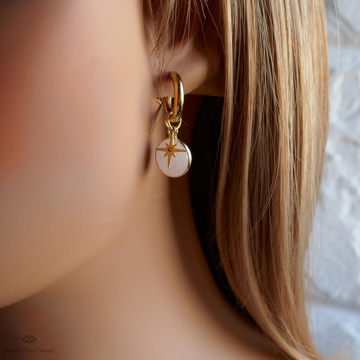 Rose quartz star earrings, Natural stone hoop earrings, gold dangle hoops, boho celestial jewelry, pink crystal earrings