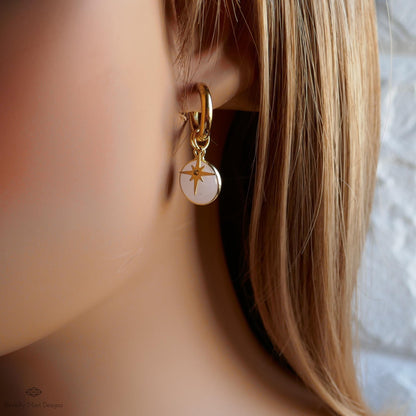Rose quartz star earrings, Natural stone hoop earrings, gold dangle hoops, boho celestial jewelry, pink crystal earrings