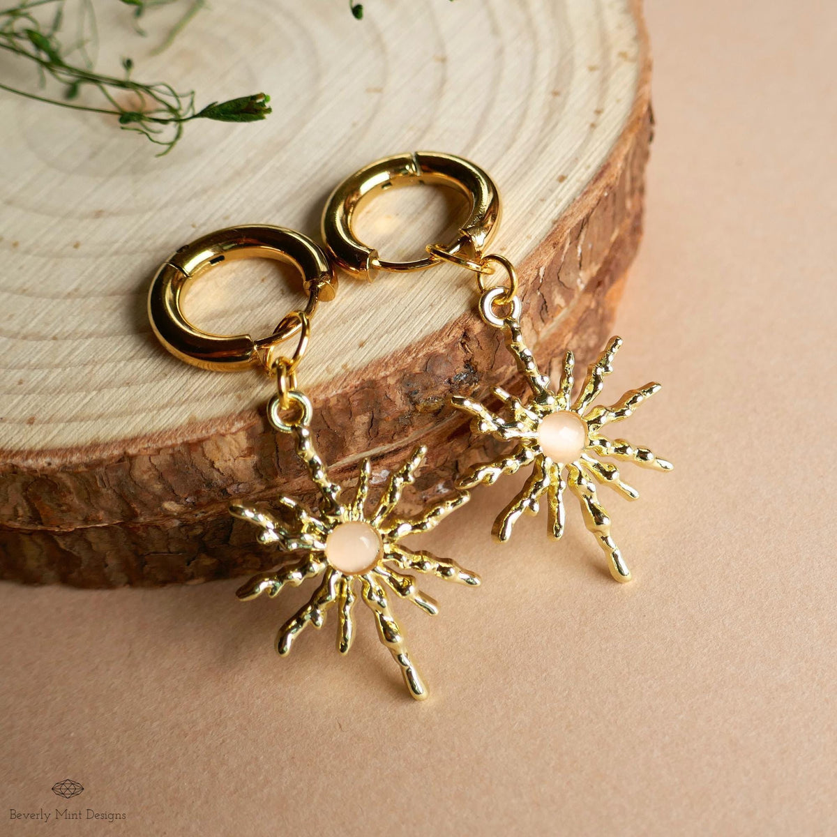 Gold Sunburst Hoop Earrings with Pink Stone, Celestial Statement Jewelry, Chunky Huggie Earrings, Boho Dangle Earrings