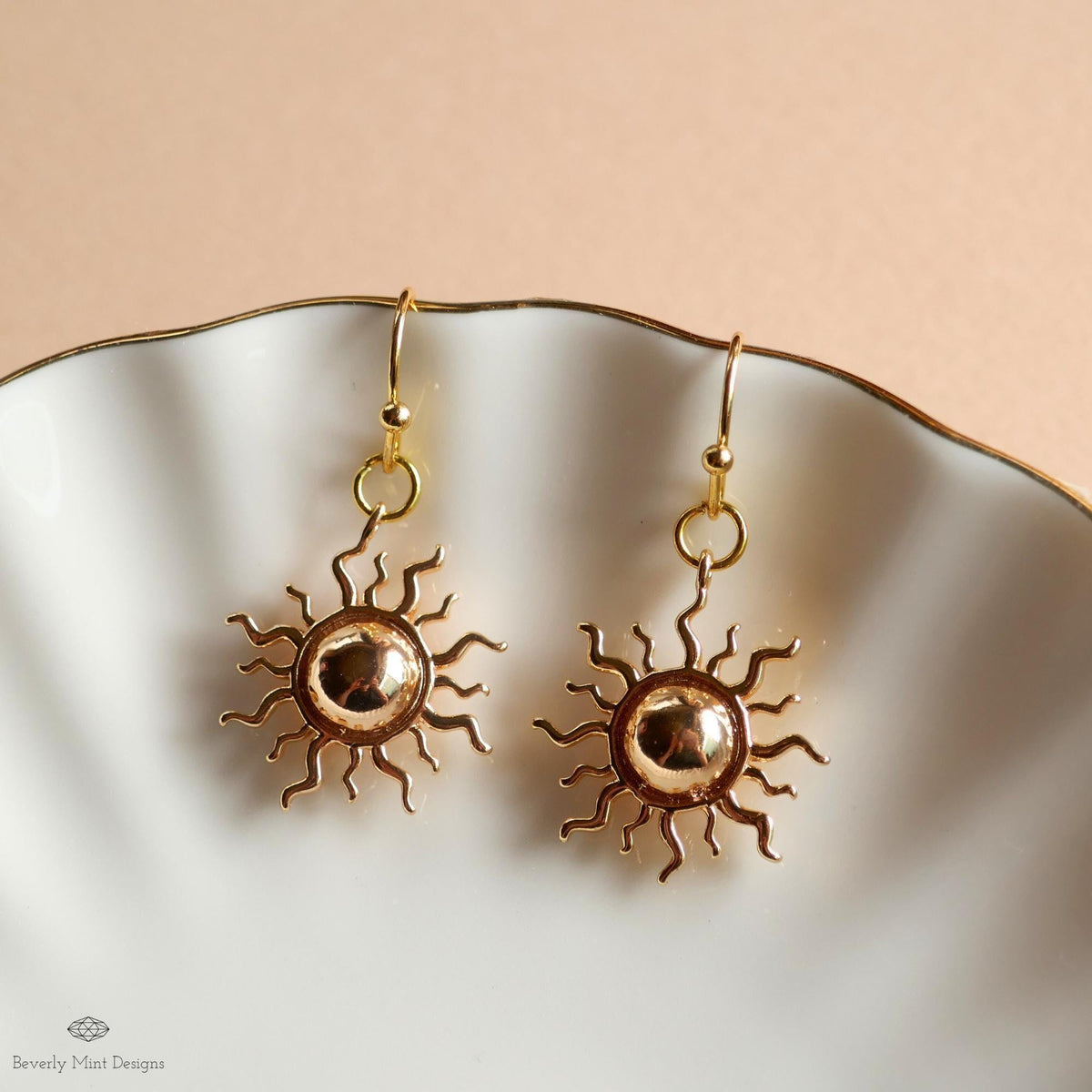 Gold Sunburst Dangle Earrings, Celestial Gold Drop Earrings, Minimalist Sun Earrings, Sensitive Ear & Clip-On Options