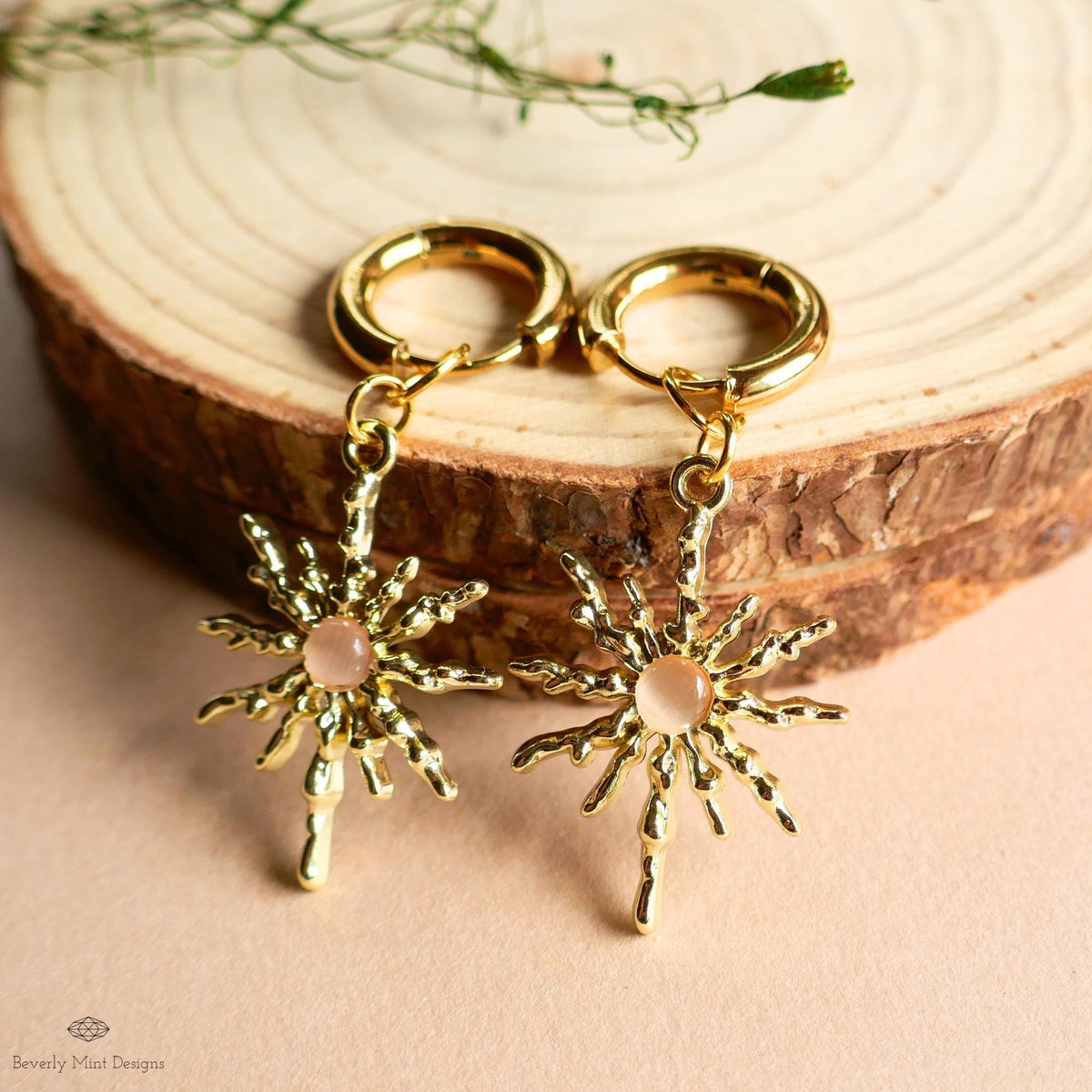 Gold Sunburst Hoop Earrings with Pink Stone, Celestial Statement Jewelry, Chunky Huggie Earrings, Boho Dangle Earrings