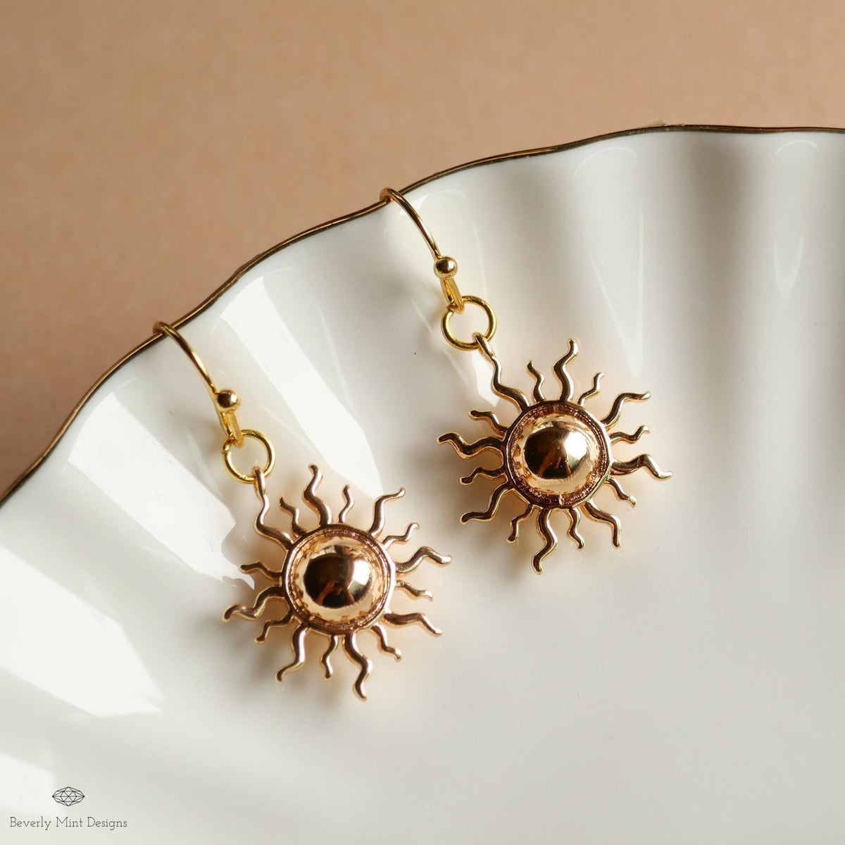 Gold Sunburst Dangle Earrings, Celestial Gold Drop Earrings, Minimalist Sun Earrings, Sensitive Ear & Clip-On Options