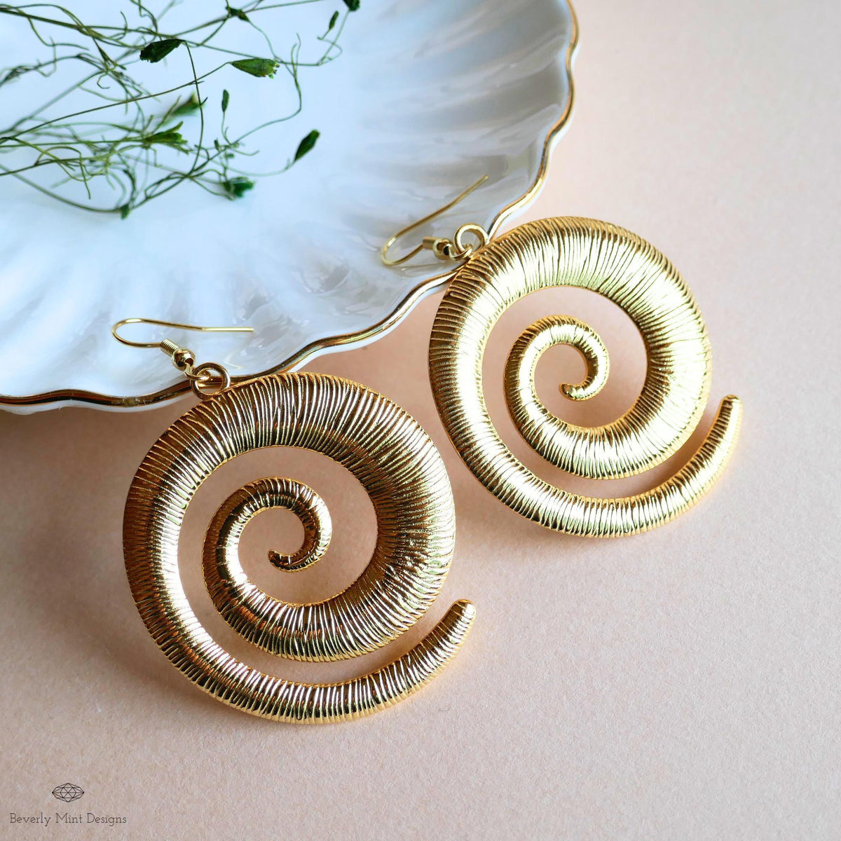 Gold Spiral Earrings, Extra Large Statement Earrings, Textured Dangle Earrings, Bold Boho Jewelry, Sensitive Ear & Clip-On Options