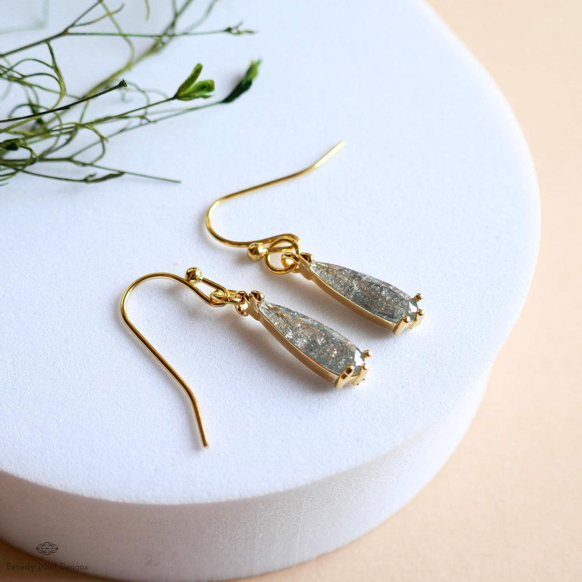 Teardrop Sparkle Earrings, Gray Dangle Earrings Gold Drop Earrings Grey Dainty Glitter Jewelry Bridesmaid, Sensitive Ear & Clip-On Options