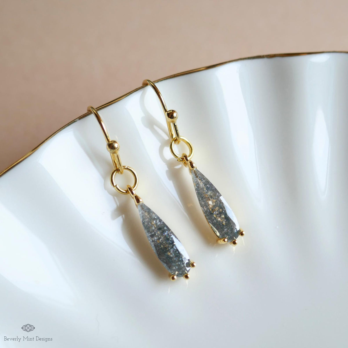 Teardrop Sparkle Earrings, Gray Dangle Earrings Gold Drop Earrings Grey Dainty Glitter Jewelry Bridesmaid, Sensitive Ear & Clip-On Options