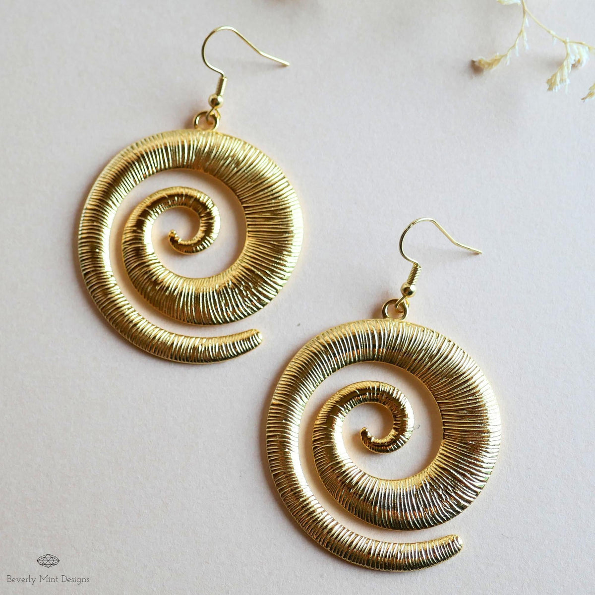 Gold Spiral Earrings, Extra Large Statement Earrings, Textured Dangle Earrings, Bold Boho Jewelry, Sensitive Ear & Clip-On Options