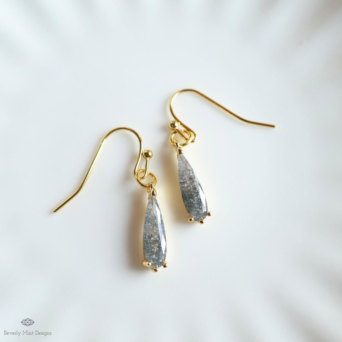 Teardrop Sparkle Earrings, Gray Dangle Earrings Gold Drop Earrings Grey Dainty Glitter Jewelry Bridesmaid, Sensitive Ear & Clip-On Options
