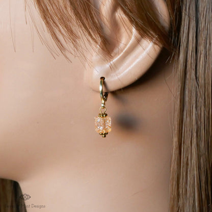 Gold Hoop Earrings, Coral Glass Bead Earrings, Minimalist Dangle Earrings, Sensitive Ear & Clip-On Options
