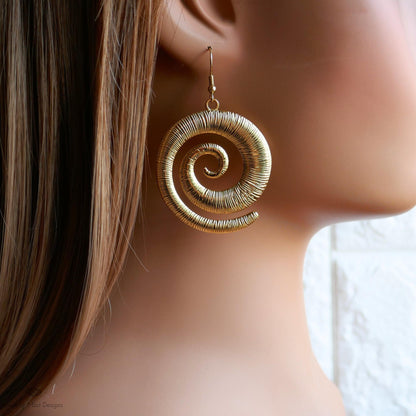 Gold Spiral Earrings, Extra Large Statement Earrings, Textured Dangle Earrings, Bold Boho Jewelry, Sensitive Ear & Clip-On Options