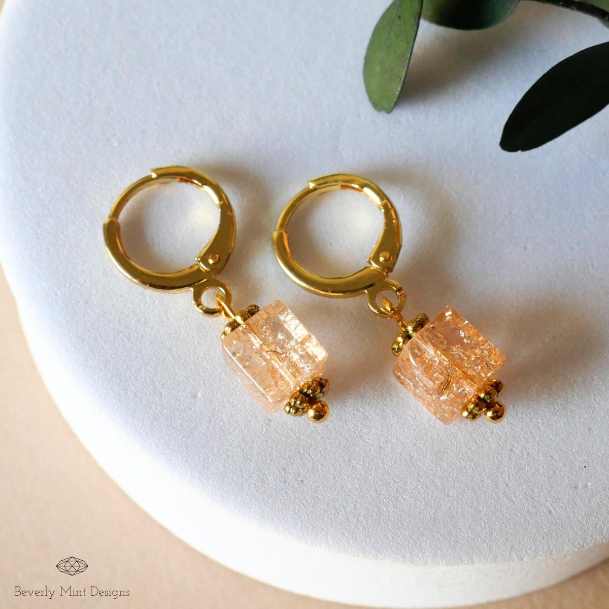 Gold Hoop Earrings, Coral Glass Bead Earrings, Minimalist Dangle Earrings, Sensitive Ear & Clip-On Options