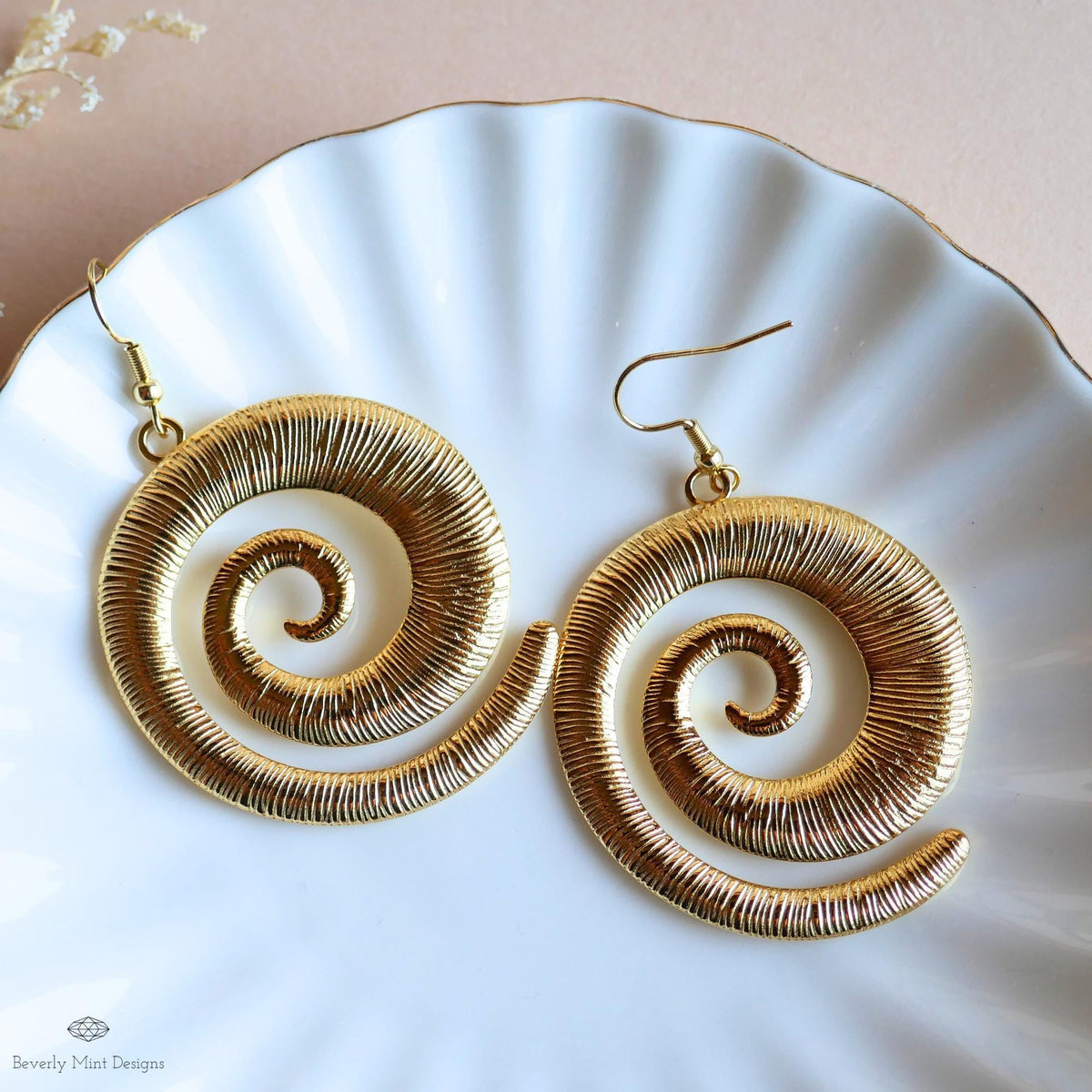 Gold Spiral Earrings, Extra Large Statement Earrings, Textured Dangle Earrings, Bold Boho Jewelry, Sensitive Ear & Clip-On Options