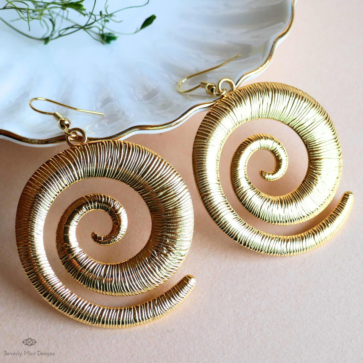 Gold Spiral Earrings, Extra Large Statement Earrings, Textured Dangle Earrings, Bold Boho Jewelry, Sensitive Ear & Clip-On Options