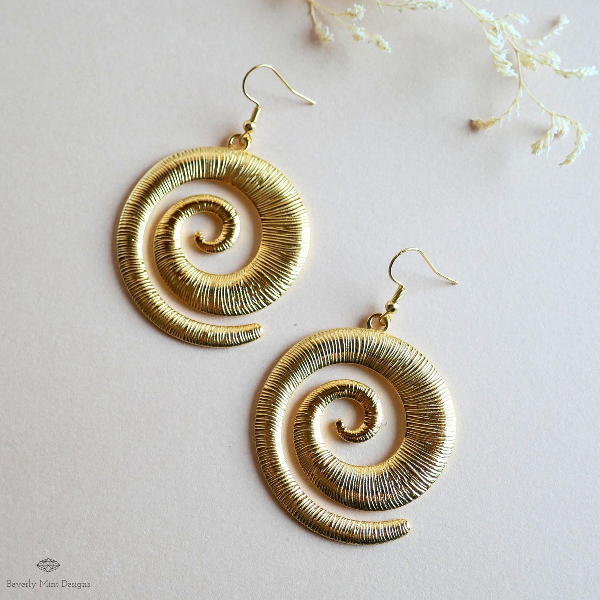 Gold Spiral Earrings, Extra Large Statement Earrings, Textured Dangle Earrings, Bold Boho Jewelry, Sensitive Ear & Clip-On Options