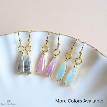 Teardrop Sparkle Earrings, Gray Dangle Earrings Gold Drop Earrings Grey Dainty Glitter Jewelry Bridesmaid, Sensitive Ear & Clip-On Options