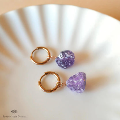 Raw Amethyst Huggie Hoop Earrings, Rose Gold February Birthstone, Chakra Stone Jewelry
