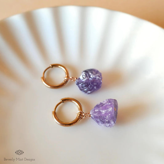 Raw Amethyst Huggie Hoop Earrings, Rose Gold February Birthstone, Chakra Stone Jewelry