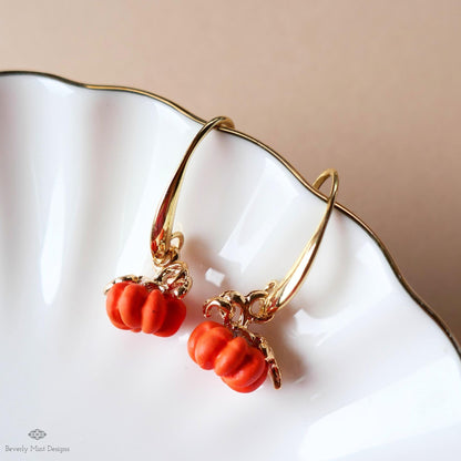 Pumpkin Earrings, Fall Dangle Earrings, Halloween Jewelry, Autumn Gold Earrings, Cute Pumpkin Charms, Sensitive Ear & Clip-On Options