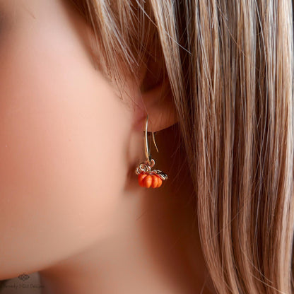 Pumpkin Earrings, Fall Dangle Earrings, Halloween Jewelry, Autumn Gold Earrings, Cute Pumpkin Charms, Sensitive Ear & Clip-On Options