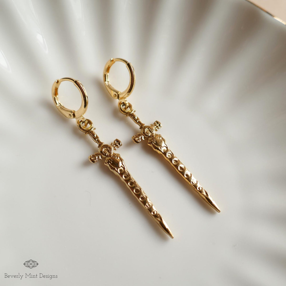 Gold Sword Huggie Earrings, Gothic Dagger Hoop Earrings, Medieval Fantasy Jewelry, Statement Drop Earrings, Sensitive Ear & Clip-On Options