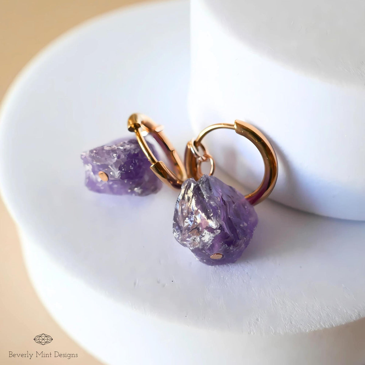 Raw Amethyst Huggie Hoop Earrings, Rose Gold February Birthstone, Chakra Stone Jewelry
