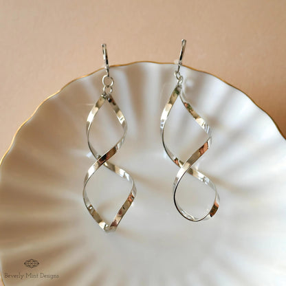 Silver Earrings, Twirl Earrings , Silver Drop Earrings, Silver Twisted Earrings, Silver Long Earrings, Sensitive Ear & Clip-On Options