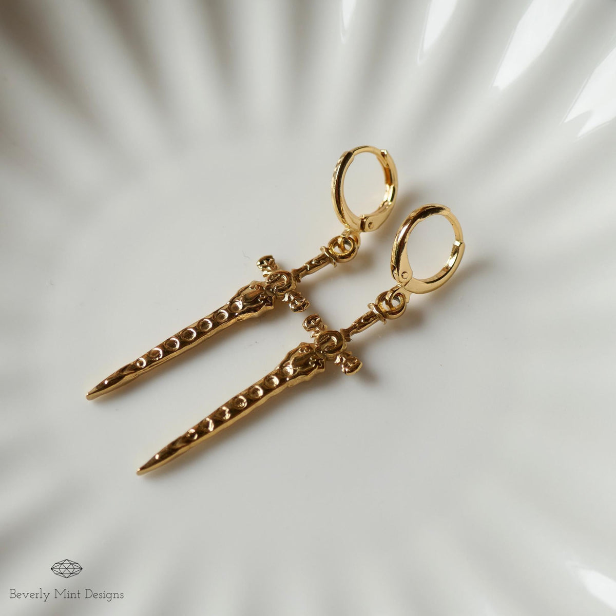 Gold Sword Huggie Earrings, Gothic Dagger Hoop Earrings, Medieval Fantasy Jewelry, Statement Drop Earrings, Sensitive Ear & Clip-On Options