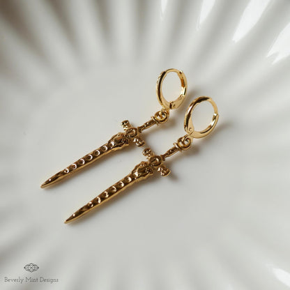 Gold Sword Huggie Earrings, Gothic Dagger Hoop Earrings, Medieval Fantasy Jewelry, Statement Drop Earrings, Sensitive Ear & Clip-On Options