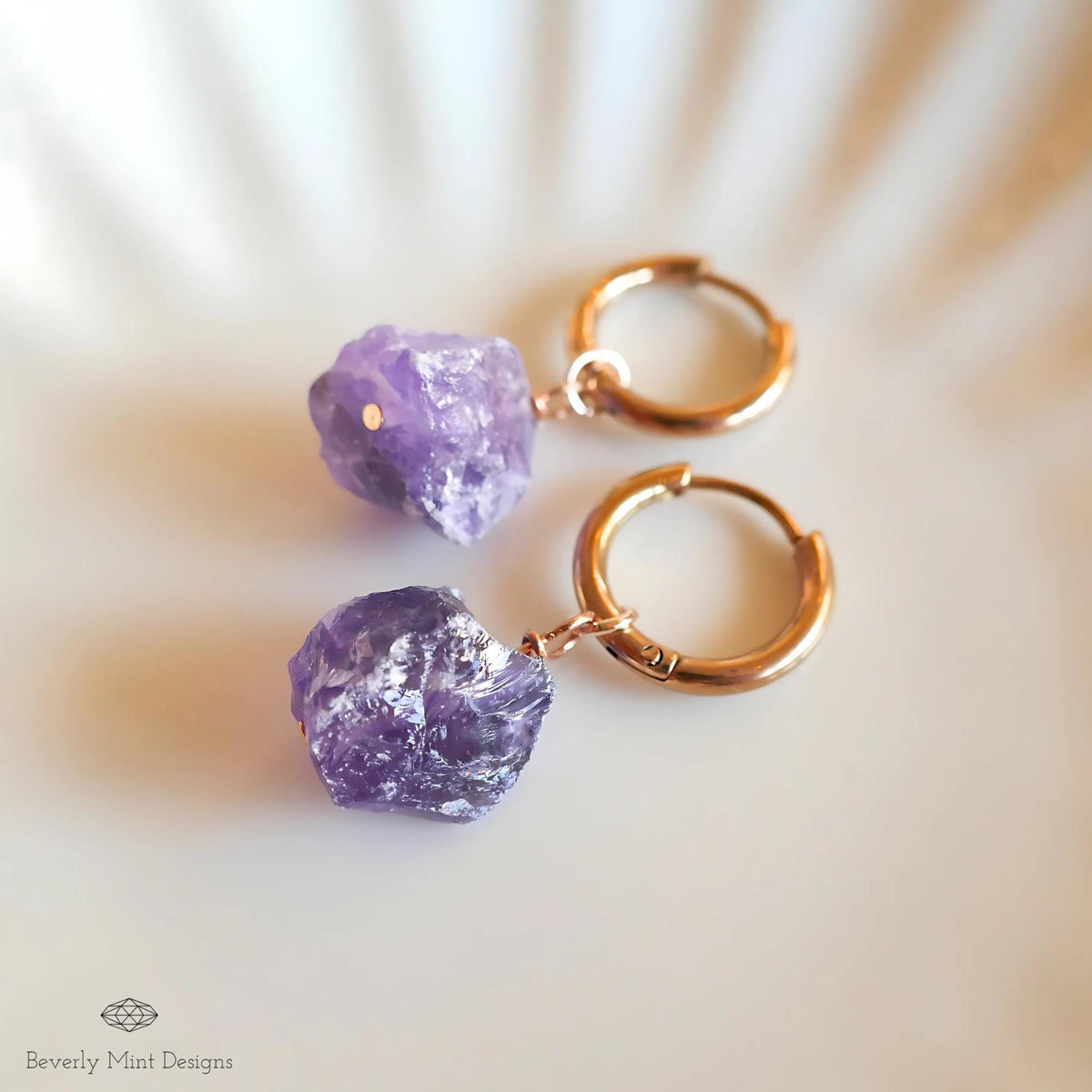 Raw Amethyst Huggie Hoop Earrings, Rose Gold February Birthstone, Chakra Stone Jewelry