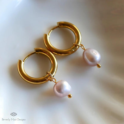 Gold Hoop Earrings with Lavender Baroque Pearl Beads, Minimalist Light Purple Pearl Dangle Earrings, Elegant Statement Jewelry, Classic Gift